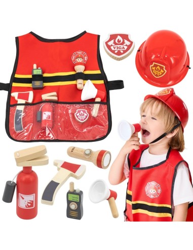 VIGA Feuerwehr-Set für kleine Kinder mit Weste | 8 Holzaccessoires