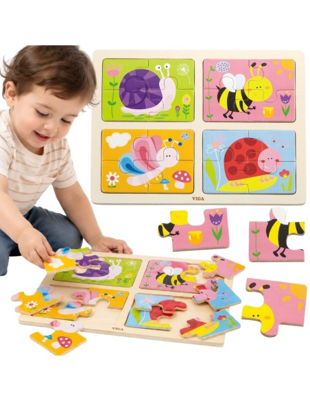 VIGA Holzpuzzle Insekten 4in1 – Kreativer Spielspaß für Kinder