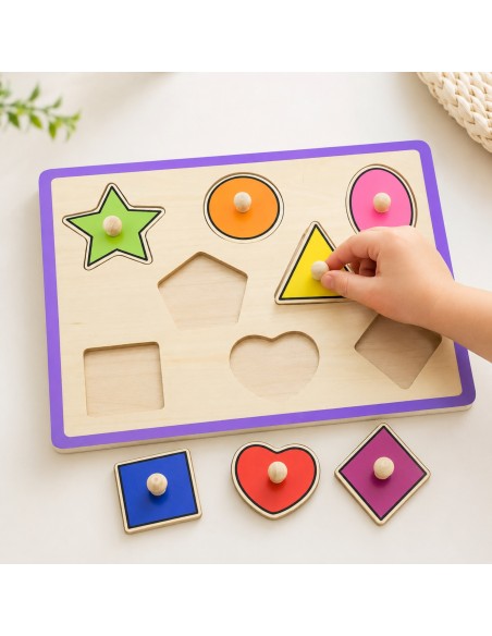 VIGA Holzpuzzle mit Stecknadeln – Formen – Bunter Spielspaß