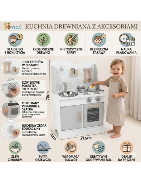 VIGA PolarB Drewniana Kuchnia Eco Gray z Akcesoriami dla Dzieci