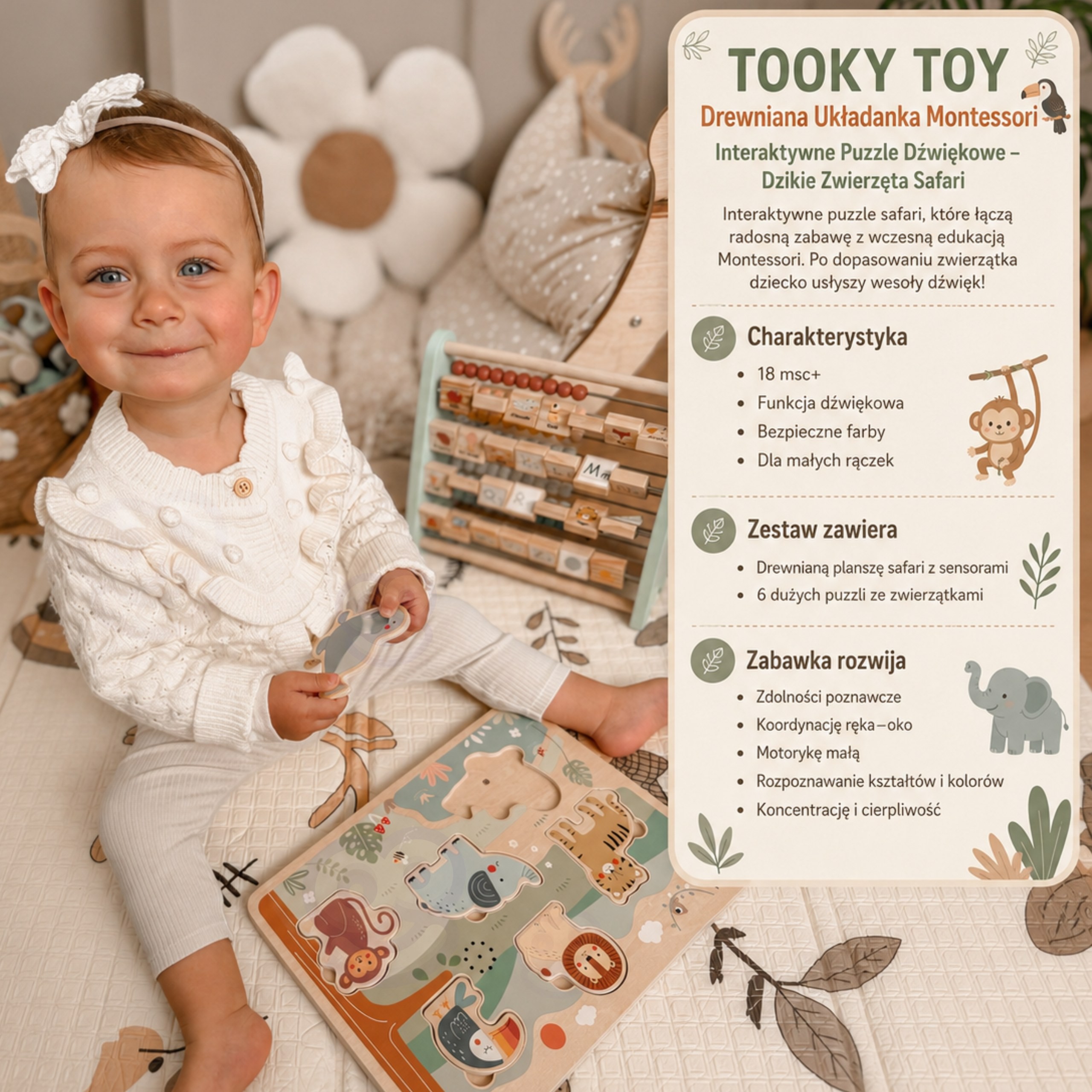 TOOKY TOY Drewniana Układanka Montessori Interaktywne Puzzle Dźwiękowe Dzikie Zwierzęta Safari - 1