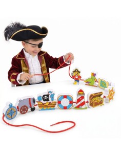 VIGA medinės kaladėlės, persiuvimo žaidimas, vėrimas Piratai