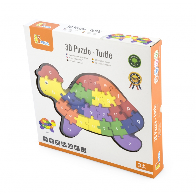 Viga Drewniane Puzzle 3D Edukacyjna Układanka Alfabet Cyferki Żółw Montessori