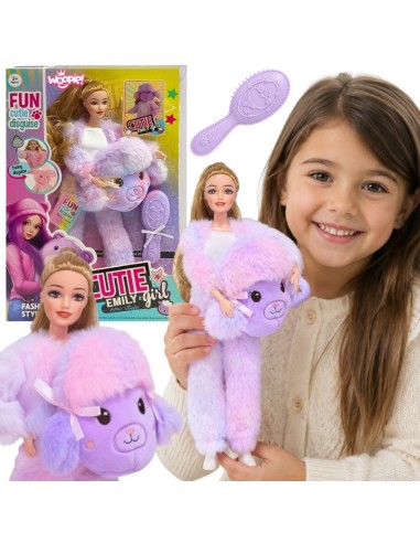 Violetinės spalvos kailinėje aprangoje esanti Emily lėlė - WOOPIE ROYAL, madingas žaidimas