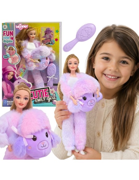 Violetinės spalvos kailinėje aprangoje esanti Emily lėlė - WOOPIE ROYAL, madingas žaidimas