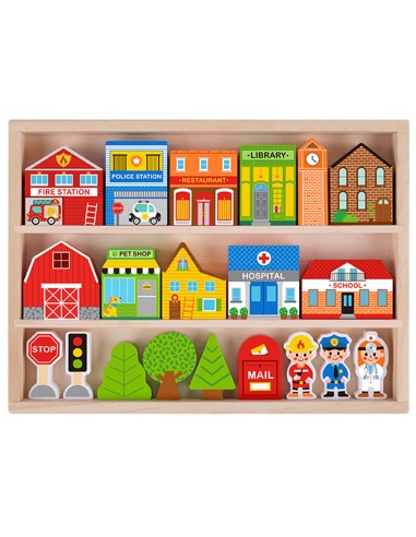 TOOKY TOY Wooden Set of Buildings and Figures City - Toy