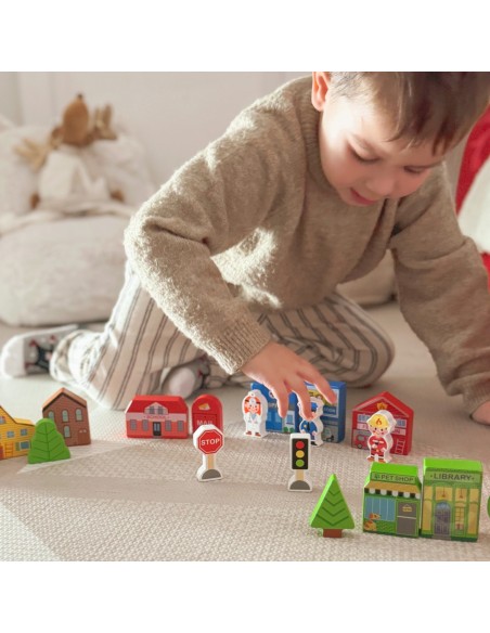 TOOKY TOY Wooden Set of Buildings and Figures City - Toy