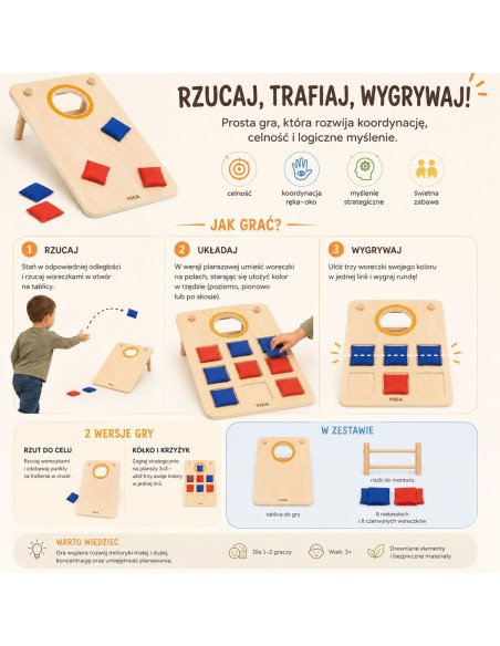 „Viga“ vikrumo žaidimas 2 viename: „Kryžiukai-nuliukai“ ir „Cornhole“ – puikus žaislas!