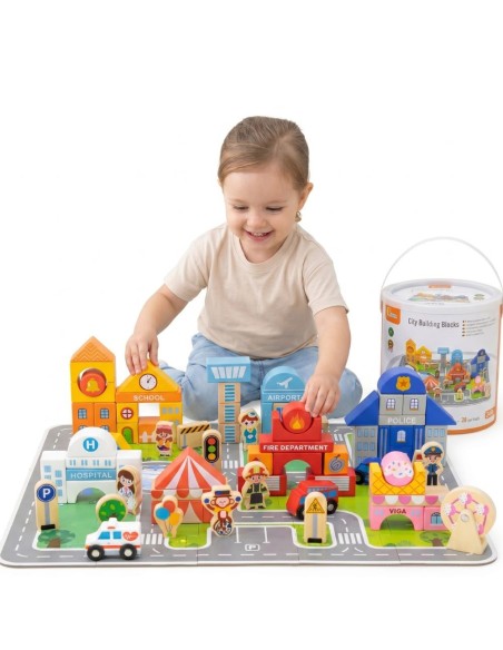 VIGA Wooden City Building Set - Blocks and Figures