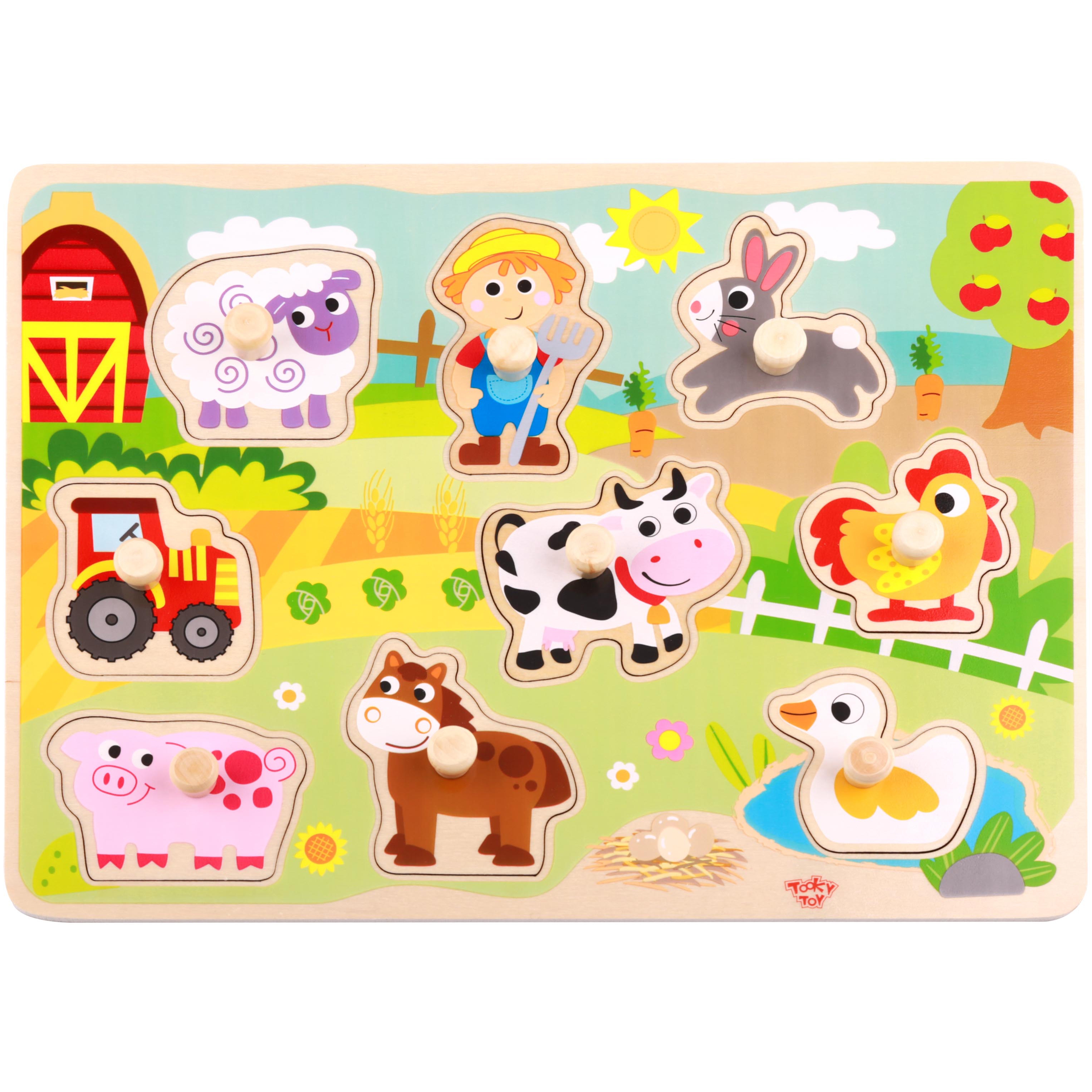 Drewniane puzzle montessori farma z pinezkami do dopasowania