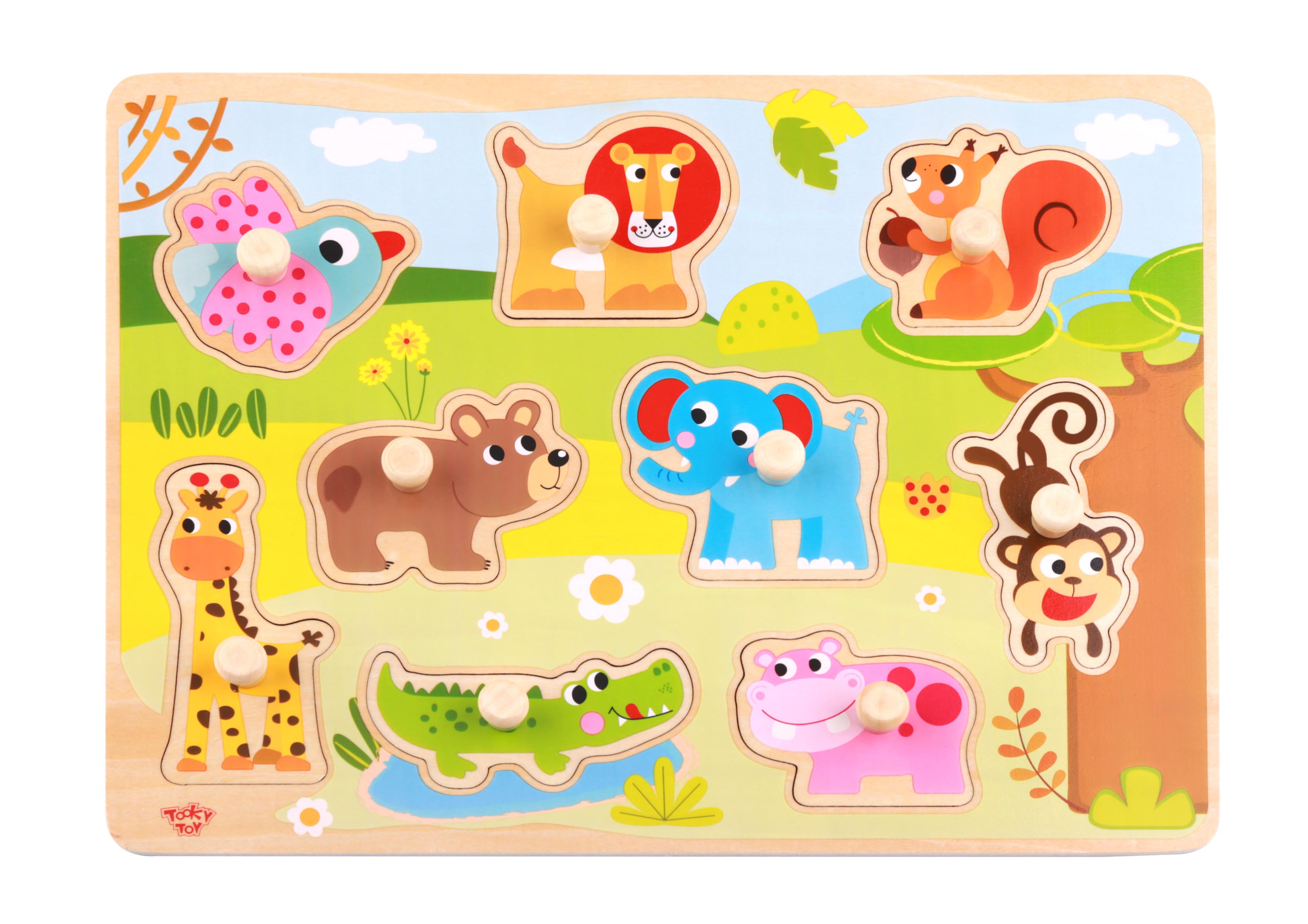 Drewniane puzzle montessori zwierzęta z pinezkami do dopasowania