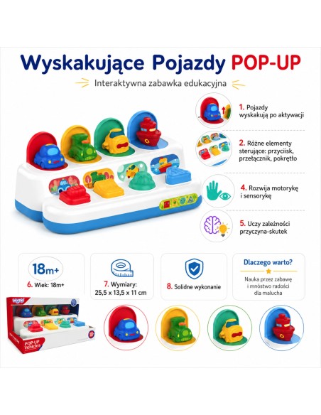 WOOPIE BABY Iššokantys POP-UP transporto priemonių žaislai - edukacinis žaislas
