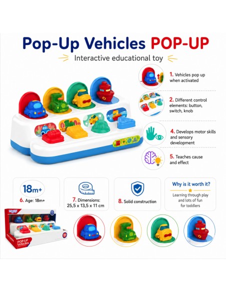 WOOPIE BABY Iššokantys POP-UP transporto priemonių žaislai - edukacinis žaislas