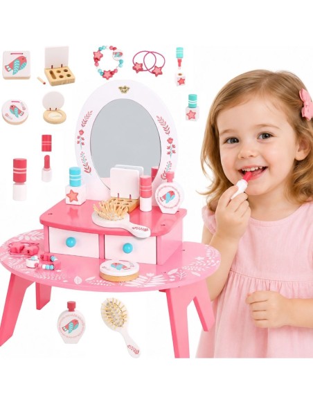 Różowa drewniana toaletka TOOKY TOY - zestaw z lustrem