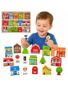 Medinių pastatų ir figūrėlių rinkinys „Miestas“ TOOKY TOY – Žaislas