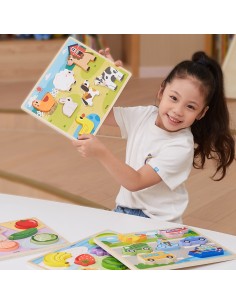 VIGA medinės dėlionės konstruktorius 2in1 Ūkis - Montessori dėlionė vaikams 2