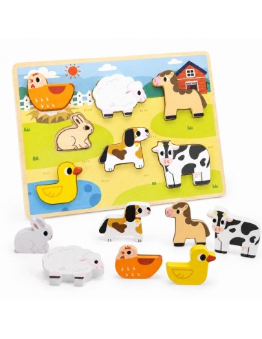 VIGA Holz-Puzzles 2in1 Bauernhof – Montessori-Steckspiel für Kinder