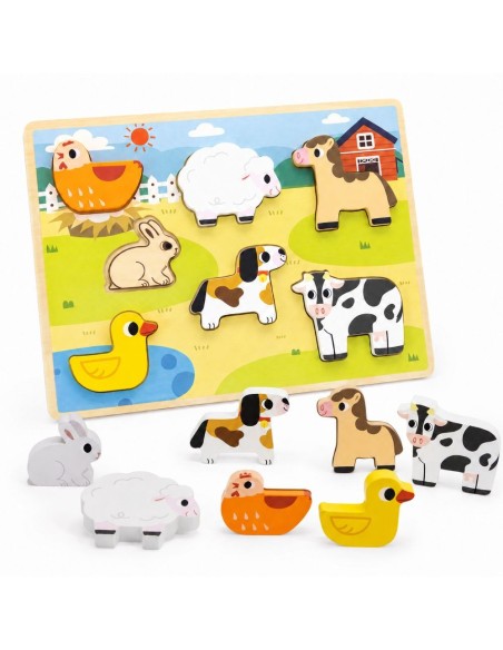 VIGA Holz-Puzzles 2in1 Bauernhof – Montessori-Steckspiel für Kinder