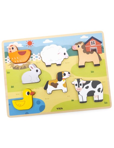 VIGA Holz-Puzzles 2in1 Bauernhof – Montessori-Steckspiel für Kinder