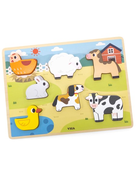 VIGA Holz-Puzzles 2in1 Bauernhof – Montessori-Steckspiel für Kinder