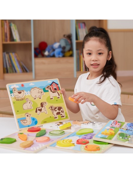 VIGA Holz-Puzzles 2in1 Bauernhof – Montessori-Steckspiel für Kinder
