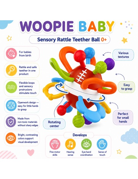 WOOPIE Rassel & Beißring, sensorischer Ball, Spielzeug für Babys 0+