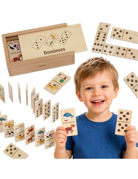 VIGA Holzdomino 2in1 Tiere und Zahlen – pädagogischer Spielspaß