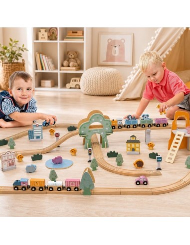 Pociąg kolejka drewniana 90 elementów PolarB zabawa dla dzieci - Viga!