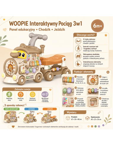 WOOPIE Interaktywny Pociąg 3w1 Jeździk Pchacz Edukacyjny dla Dzieci