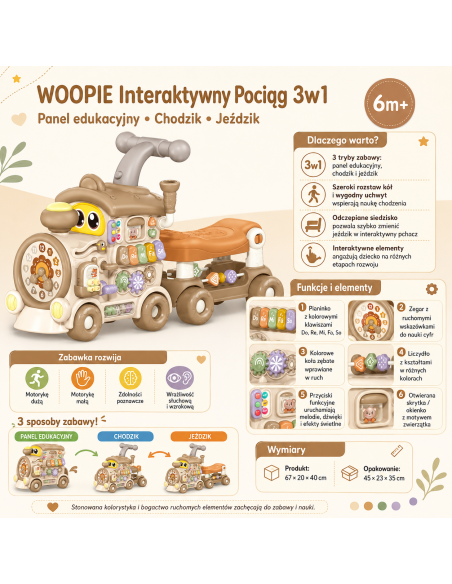 WOOPIE Interaktywny Pociąg 3w1 Jeździk Pchacz Edukacyjny dla Dzieci