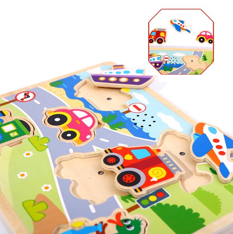 TOOKY TOY Drewniane Puzzle Montessori Dźwiękowe Układanka Pojazdy do Dopasowania