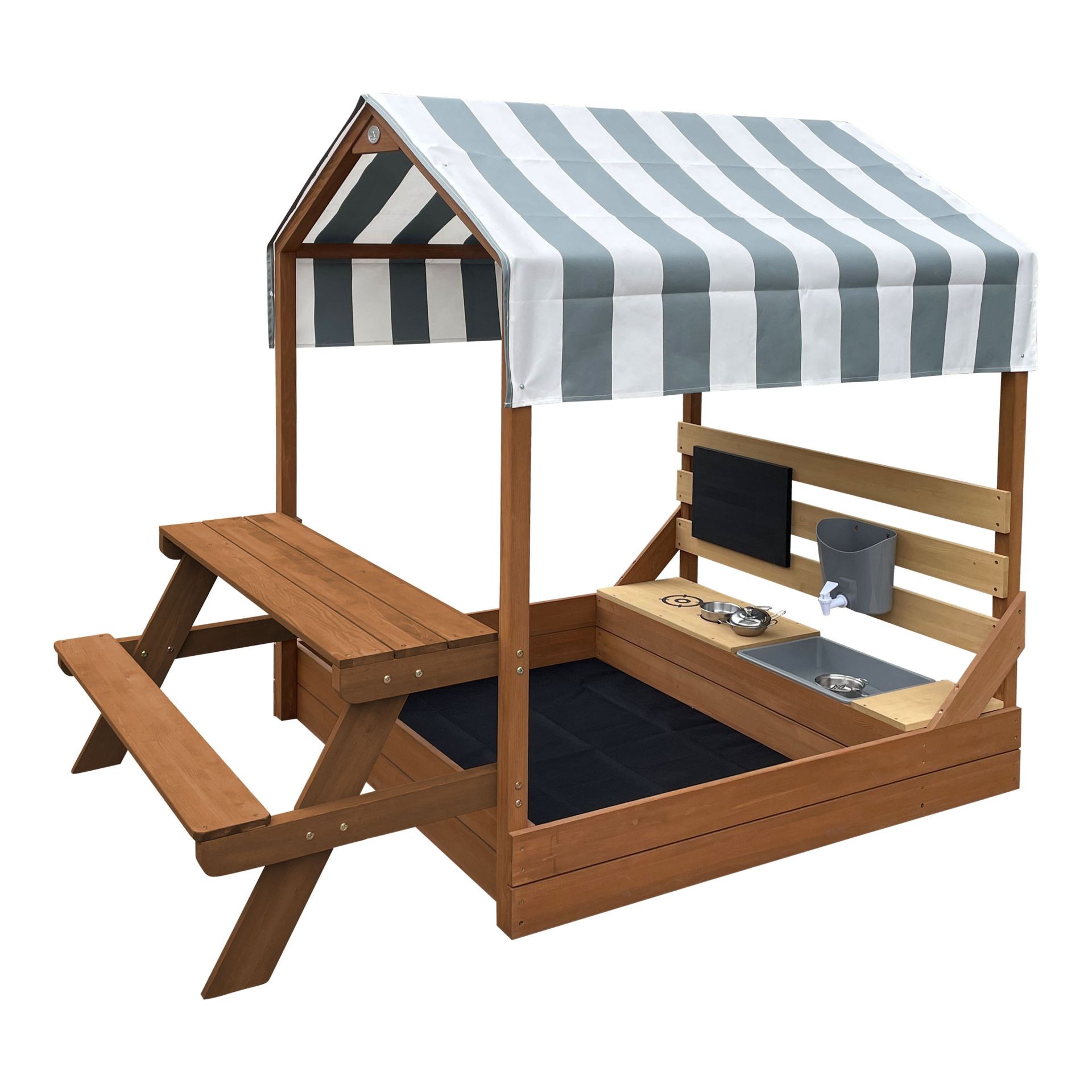 AXI Bo Sandlåda med tak, lerkök, picknickbord med bänk, brun