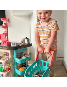 WOOPIE prekybos centras – vežimėlis, krepšelis, kasos aparatas, svarstyklės, skaitytuvas. 47 akcijos. 2