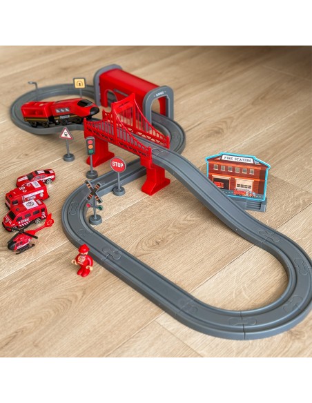 Gleisstrecke mit Zug Woopie – Set 66-tlg. Brücke Tunnel Geräusche