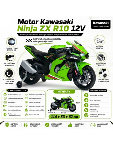 Kawasaki Ninja ZX R10 12V motociklas „Injusa“ - Sportiškas lenktynininkas vaikams!