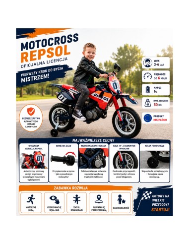 „Repsol“ motorinis žaislas su akumuliatoriumi 6V vaikams Injusa – lenktyninis cross stilius