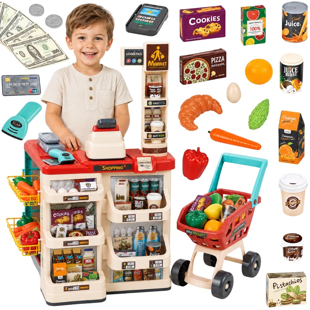 supermarket store ostlemine autot – WOOPIE Supermarket Store koos ostlemine autot Scale sularaha kassa Scanner + 48 Accs.
