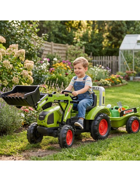 FALK Green CLAAS Pedal Tractor with Bucket and Trailer 3+
