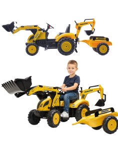Geltonas FALK traktorius Komatsu su ekskavatoriumi ir priekaba 3–7 m.