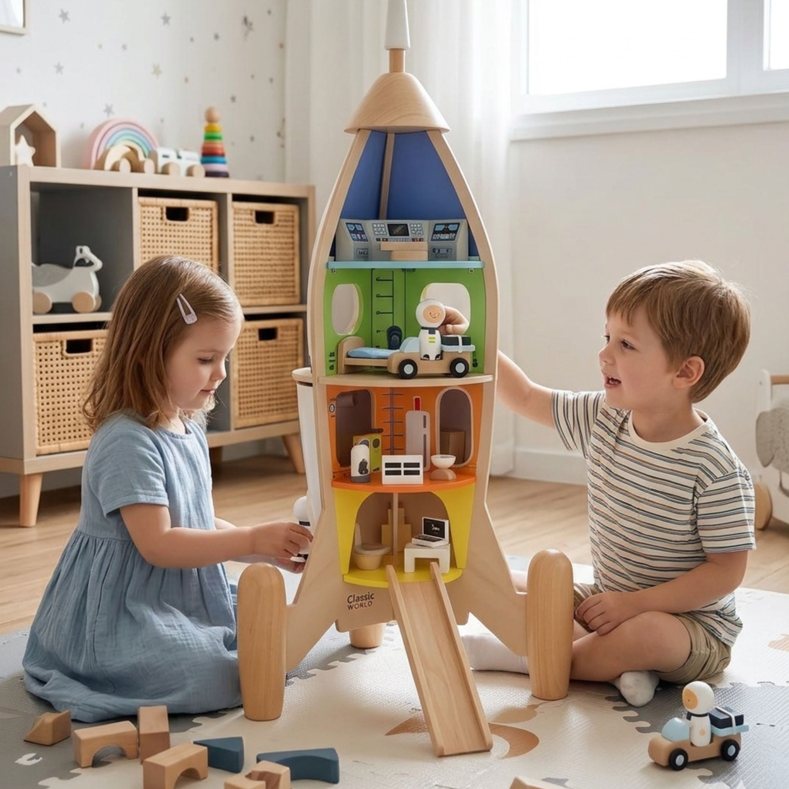 CLASSIC WORLD Drewniana Rakieta Domek dla Dzieci + Figurki 51el.