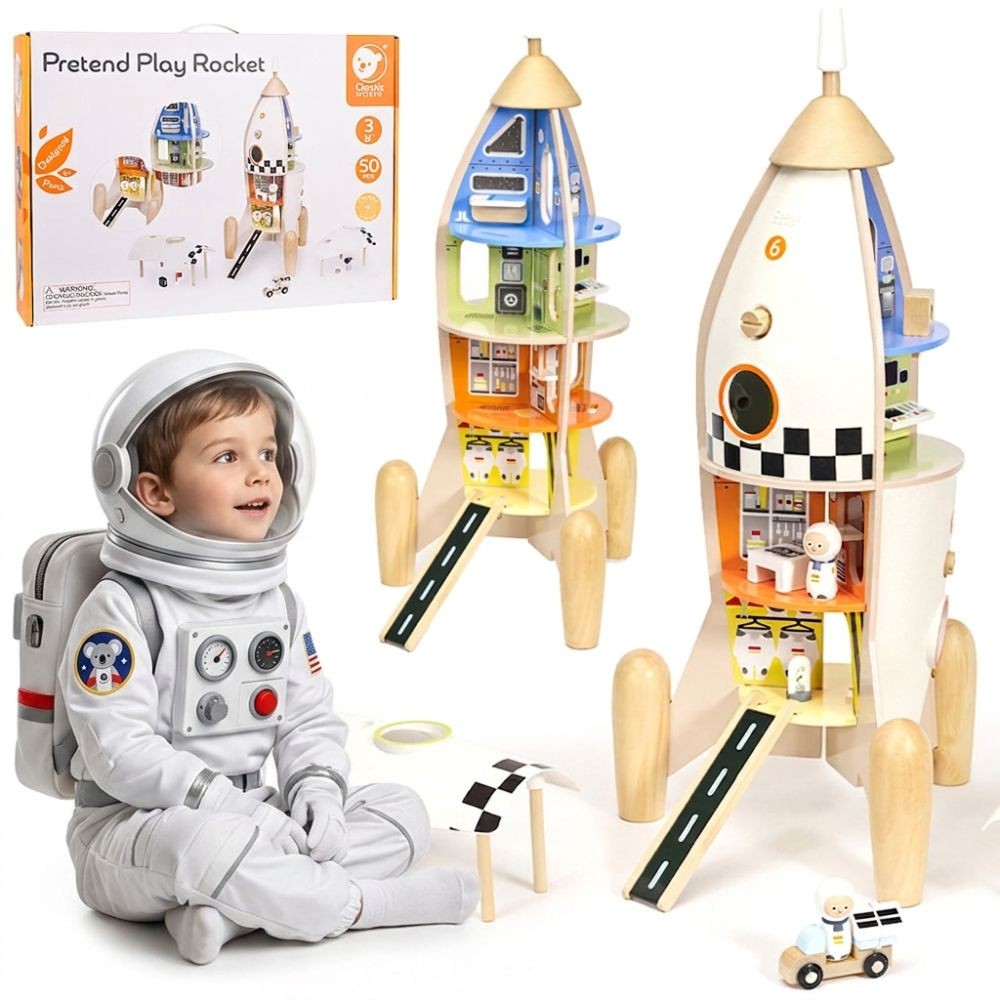 CLASSIC WORLD Drewniana Rakieta Domek dla Dzieci + Figurki 51el.