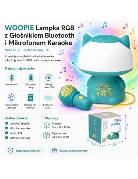 RGB lempa su Bluetooth garsiakalbiu - WOOPIE turkio spalvos