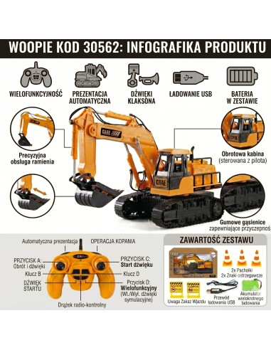 WOOPIE Large Remote Controlled Excavator on Tracks 7 Functions Sound + Acc.