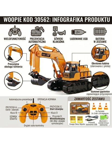 WOOPIE Large Remote Controlled Excavator on Tracks 7 Functions Sound + Acc.