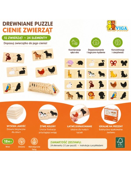 VIGA Holz-Puzzles Tierchen – Legespiel Schatten anpassen