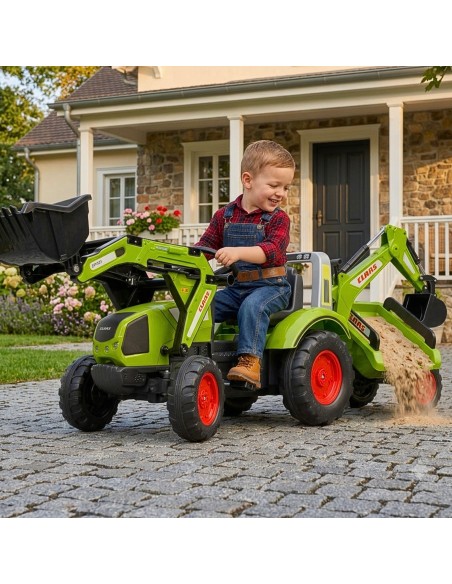 FALK Traktor na Pedały Zielony CLAAS z Łyżką i Przyczepką 3+