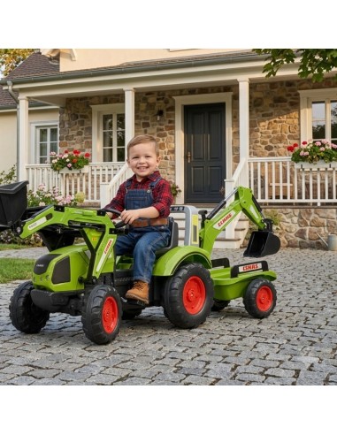 FALK Green CLAAS Pedal Tractor with Bucket and Trailer 3+