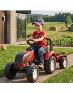 FALK Traktorek Czerwony Valtra S4 na Pedały z Przyczepką od 3 Lat 2