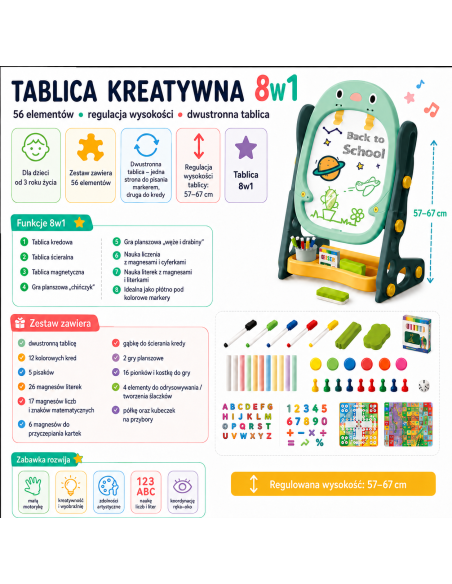 WOOPIE Dvipusė magnetinė lenta – piešimas ir mokymasis 56 el.