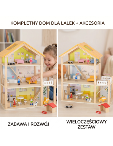 VIGA Drewniany Domek dla Lalek z Akcesoriami i Laleczkami